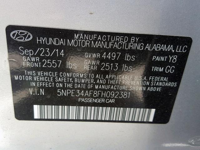 5NPE34AF8FH092381 - 2015 HYUNDAI SONATA SPO SILVER photo 10