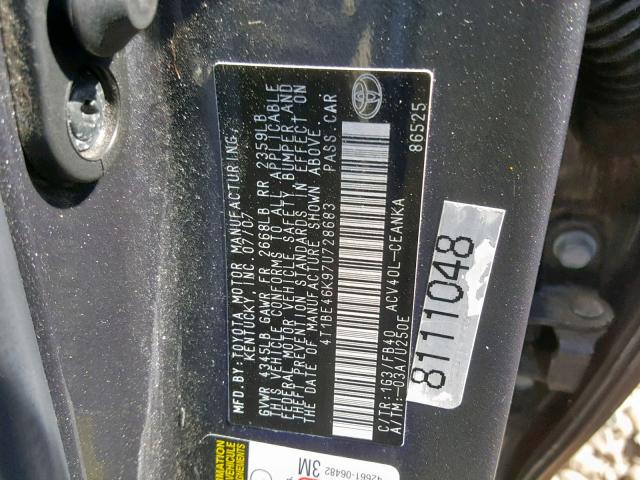 4T1BE46K97U728683 - 2007 TOYOTA CAMRY NEW GRAY photo 10