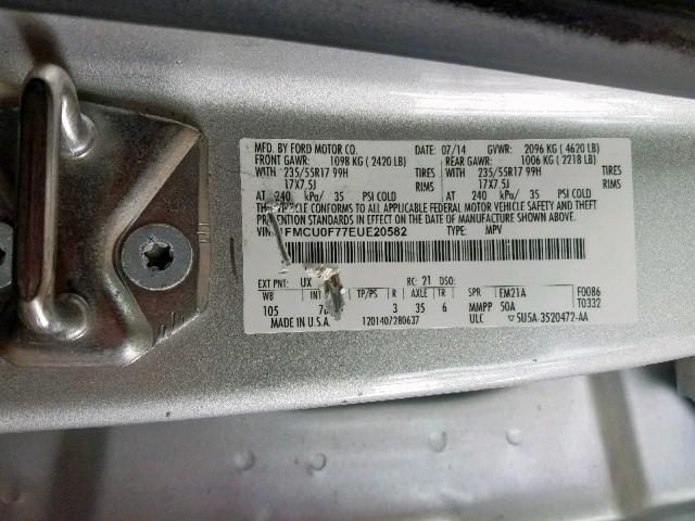 1FMCU0F77EUE20582 - 2014 FORD ESCAPE S SILVER photo 10