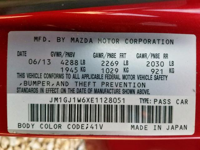 JM1GJ1W6XE1128051 - 2014 MAZDA 6 GRAND TO RED photo 10