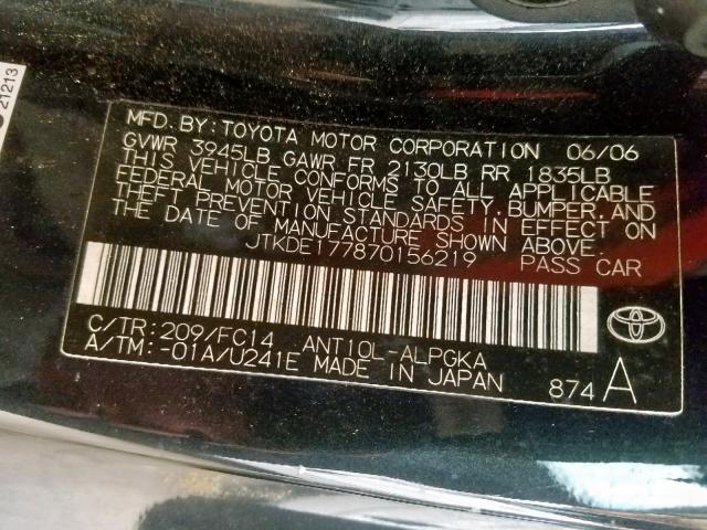 JTKDE177870156219 - 2007 TOYOTA SCION TC შავი ფოტო 10