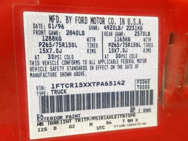 1FTCR15XXTPA65142 - 1996 FORD RANGER SUP RED photo 10