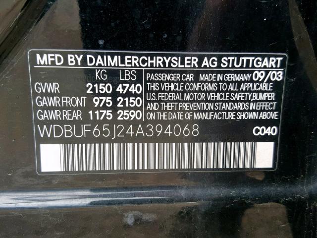 WDBUF65J24A394068 - 2004 MERCEDES-BENZ E 320 BLACK photo 10