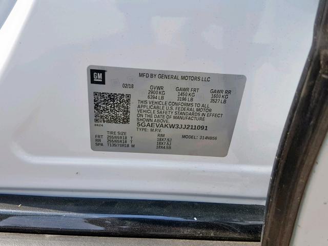 5GAEVAKW3JJ211091 - 2018 BUICK ENCLAVE ES WHITE photo 10