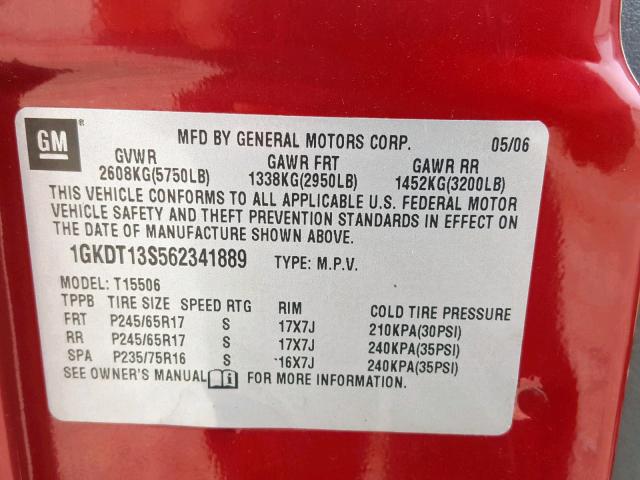 1GKDT13S562341889 - 2006 GMC ENVOY RED photo 10