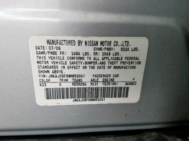 JNKAJ09F99M952041 - 2009 INFINITI EX35 BASE SILVER photo 10