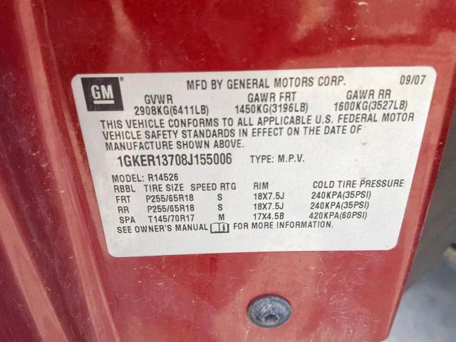 1GKER13708J155006 - 2008 GMC ACADIA SLE RED photo 10