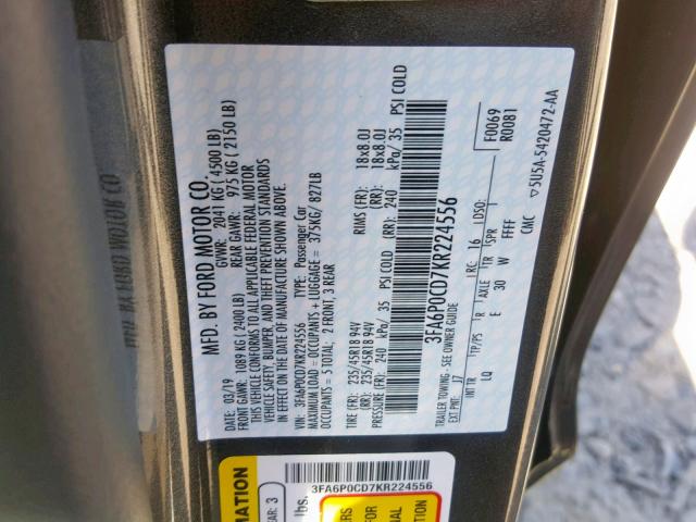 3FA6P0CD7KR224556 - 2019 FORD FUSION SEL GRAY photo 10