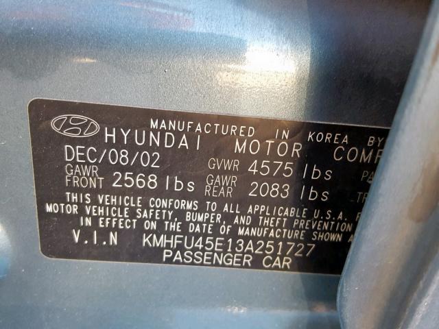 KMHFU45E13A251727 - 2003 HYUNDAI XG 350 BLUE photo 10