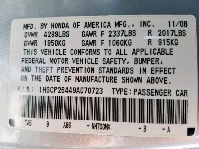 1HGCP26449A070723 - 2009 HONDA ACCORD LXP SILVER photo 10