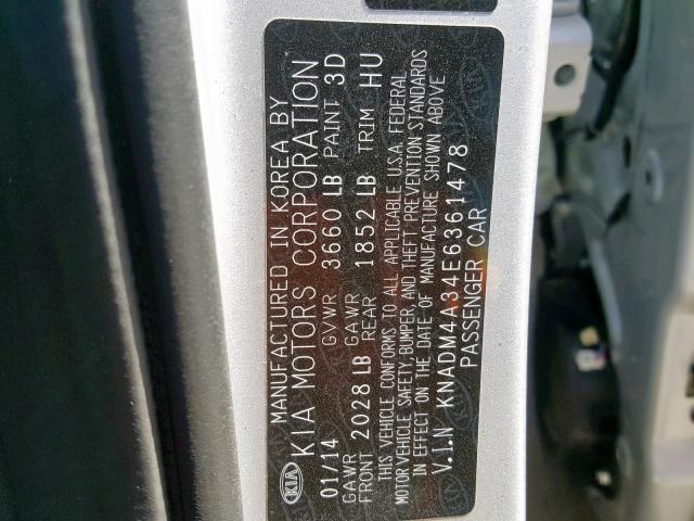 KNADM4A34E6361478 - 2014 KIA RIO LX SILVER photo 10