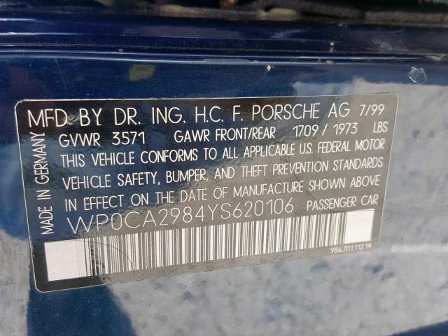 WP0CA2984YS620106 - 2000 PORSCHE BOXSTER BLUE photo 10