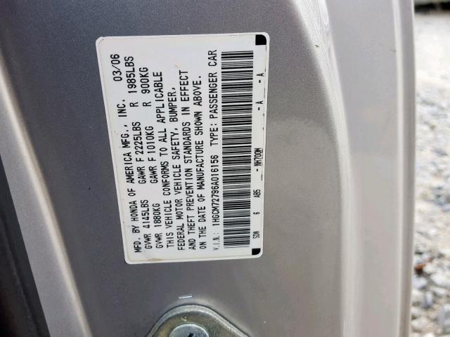 1HGCM72796A016156 - 2006 HONDA ACCORD EX SILVER photo 10