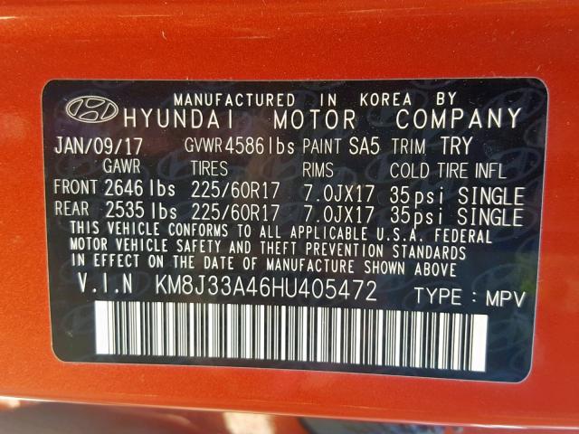 KM8J33A46HU405472 - 2017 HYUNDAI TUCSON LIM ORANGE photo 10