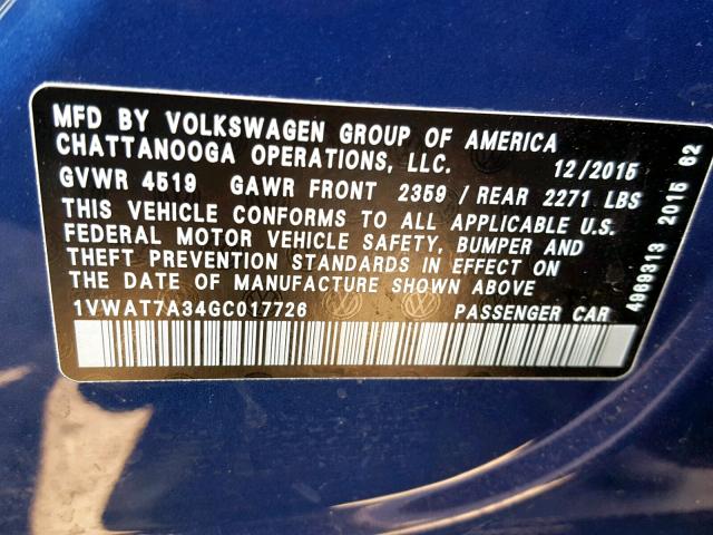 1VWAT7A34GC017726 - 2016 VOLKSWAGEN PASSAT S BLUE photo 10