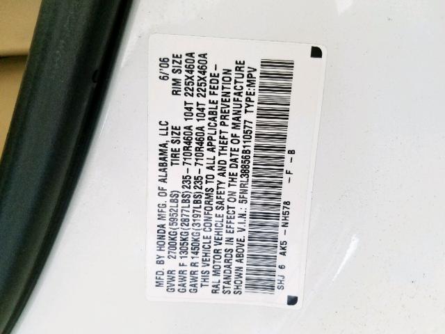 5FNRL38856B110577 - 2006 HONDA ODYSSEY TO WHITE photo 10