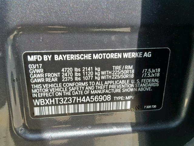 WBXHT3Z37H4A56908 - 2017 BMW X1 XDRIVE2 CHARCOAL photo 10