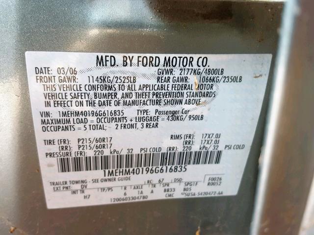 1MEHM40196G616835 - 2006 MERCURY MONTEGO LU GRAY photo 10