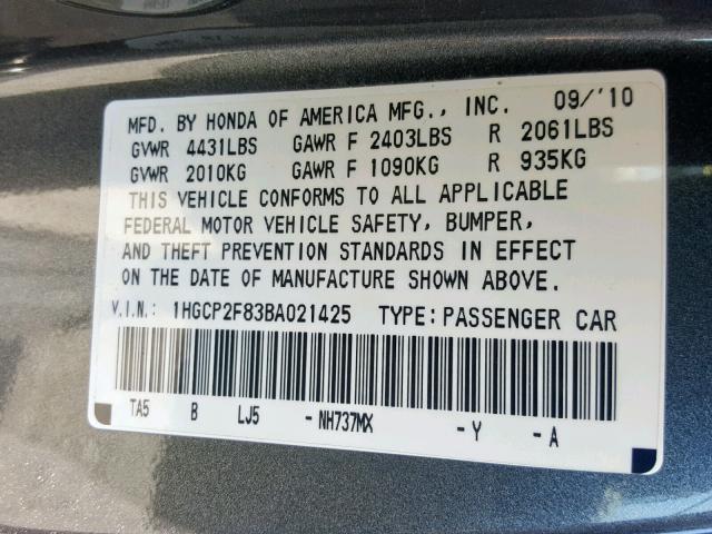 1HGCP2F83BA021425 - 2011 HONDA ACCORD EXL GRAY photo 10