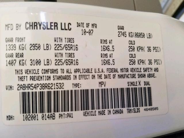 2A8HR54P38R621532 - 2008 CHRYSLER TOWN & COU WHITE photo 10