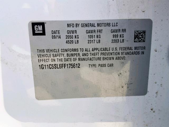 1G11C5SL6FF175612 - 2015 CHEVROLET MALIBU 1LT 白色 照片 10