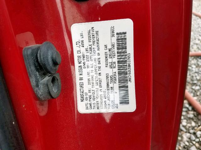 JNKCV64E58M107653 - 2008 INFINITI G37 BASE RED photo 10