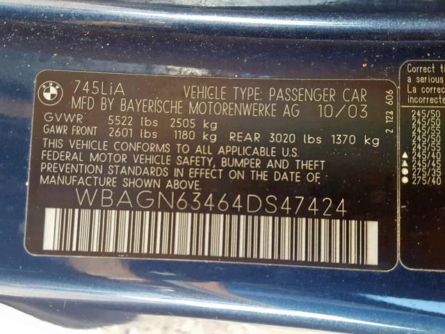 WBAGN63464DS47424 - 2004 BMW 745 LI BLUE photo 10