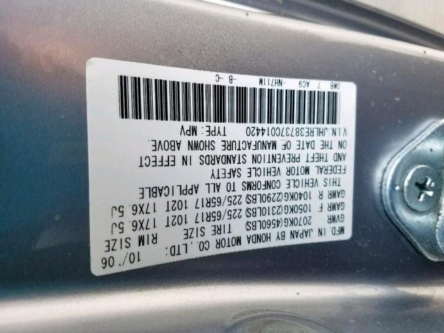 JHLRE38737C014420 - 2007 HONDA CR-V EXL SILVER photo 10