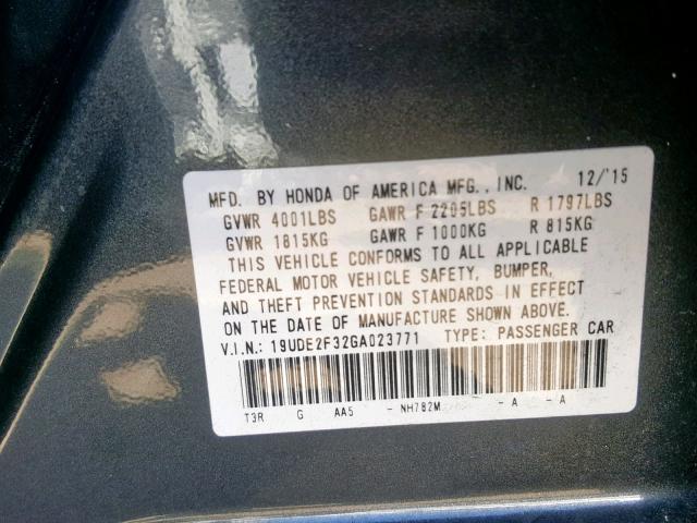 19UDE2F32GA023771 - 2016 ACURA ILX BASE GRAY photo 10