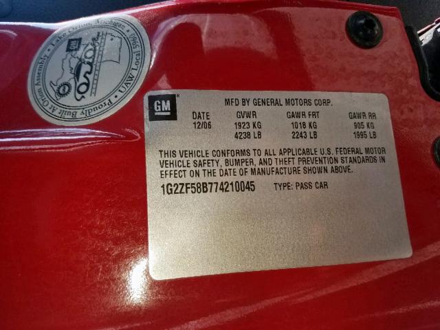 1G2ZF58B774210045 - 2007 PONTIAC G6 VALUE L RED photo 10