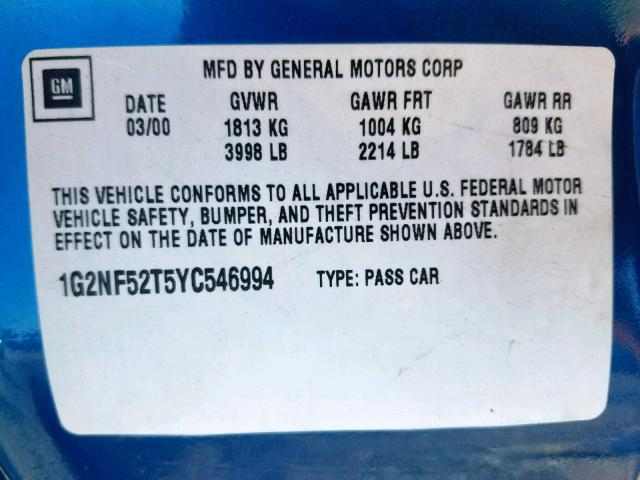 1G2NF52T5YC546994 - 2000 PONTIAC GRAND AM S BLUE photo 10