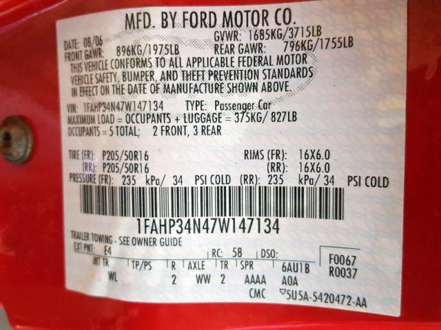 1FAHP34N47W147134 - 2007 FORD FOCUS ZX4 RED photo 10