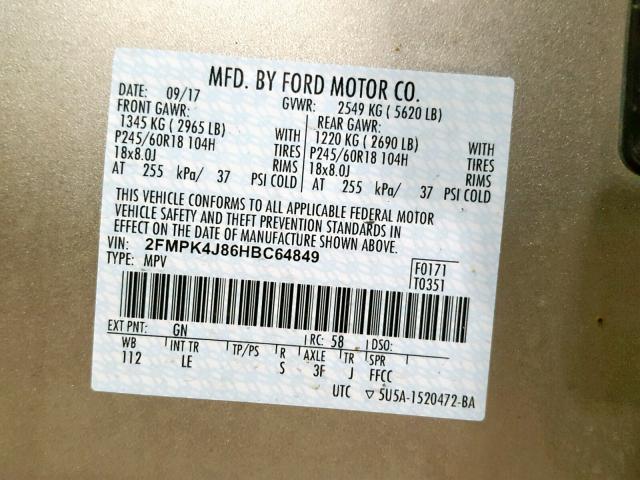 2FMPK4J86HBC64849 - 2017 FORD EDGE SEL SILVER photo 10