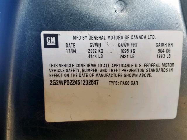 2G2WP522451202647 - 2005 PONTIAC GRAND PRIX GREEN photo 10