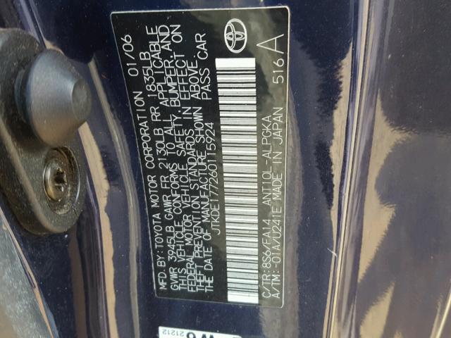 JTKDE177260115924 - 2006 TOYOTA SCION TC ლურჯი ფოტო 10