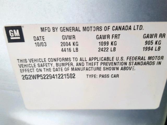 2G2WP522941221502 - 2004 PONTIAC GRAND PRIX SILVER photo 10
