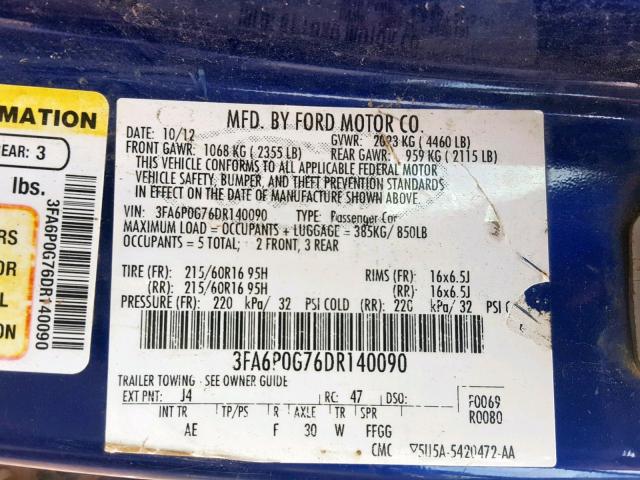 3FA6P0G76DR140090 - 2013 FORD FUSION S BLUE photo 10