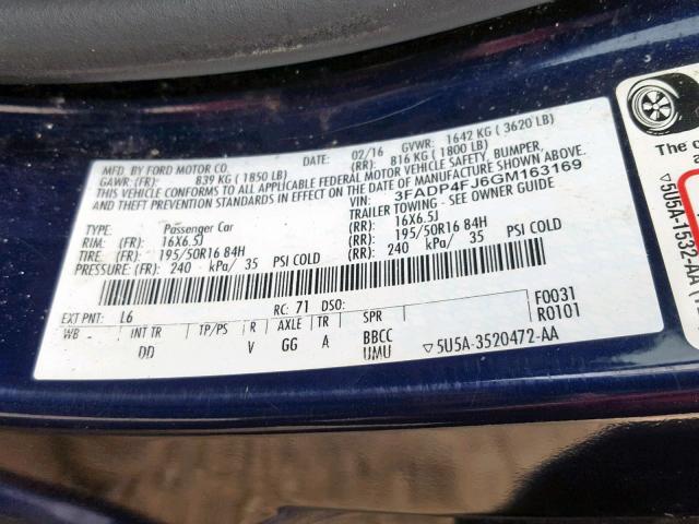 3FADP4FJ6GM163169 - 2016 FORD FIESTA TIT BLUE photo 10