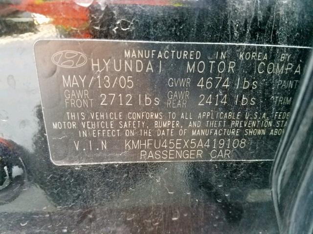 KMHFU45EX5A419108 - 2005 HYUNDAI XG 350 BLACK photo 10