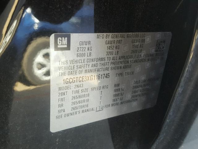 1GCGTCE3XG1161745 - 2016 CHEVROLET COLORADO L BLACK photo 10