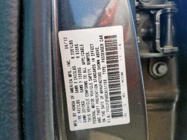 1HGCP2F86CA151166 - 2012 HONDA ACCORD EXL GRAY photo 10