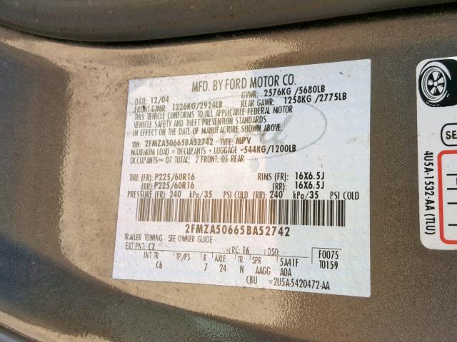 2FMZA50665BA52742 - 2005 FORD FREESTAR S GRAY photo 10