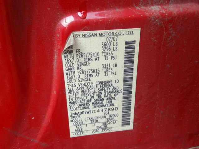 1N6AD07W57C437890 - 2007 NISSAN FRONTIER C RED photo 10