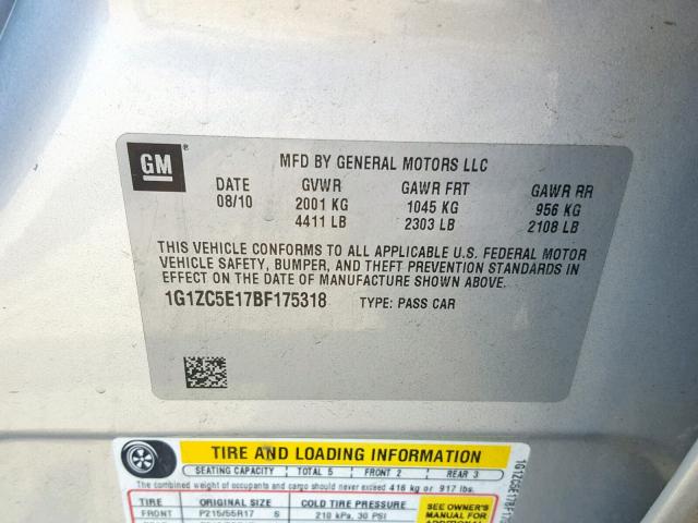 1G1ZC5E17BF175318 - 2011 CHEVROLET MALIBU 1LT 银色 照片 10