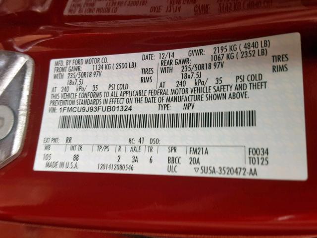 1FMCU9J93FUB01324 - 2015 FORD ESCAPE TIT RED photo 10