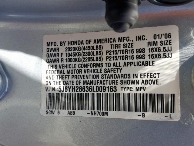 5J6YH28636L009163 - 2006 HONDA ELEMENT EX SILVER photo 10