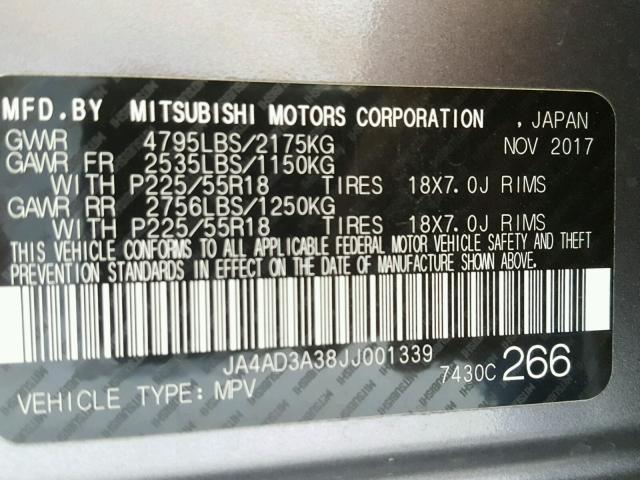 JA4AD3A38JJ001339 - 2018 MITSUBISHI OUTLANDER GRAY photo 10