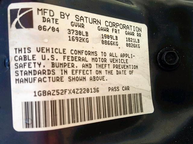 1G8AZ52FX4Z220136 - 2004 SATURN ION LEVEL GREEN photo 10