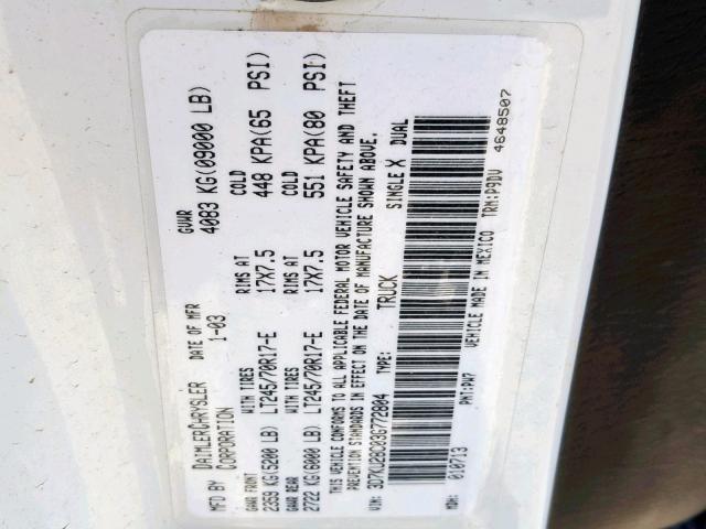 3D7KU28C03G772804 - 2003 DODGE RAM 2500 S თეთრი ფოტო 10