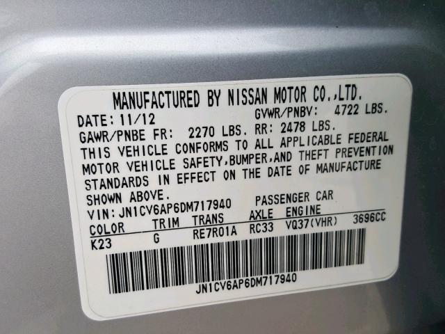 JN1CV6AP6DM717940 - 2013 INFINITI G37 BASE SILVER photo 10